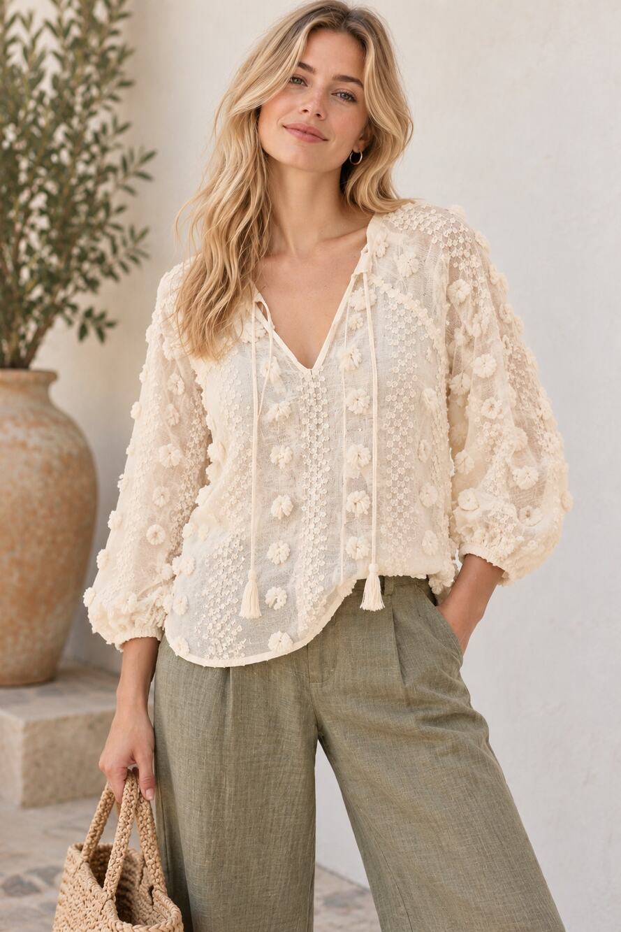 Calypso St. Barth Ivory 3D Floral Applique Sheer Peasant Blouse, Size XL